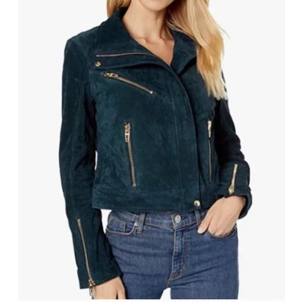 Blank NYC Women's Genuine Suede Moto Jacket Galactic Teal Dark Large